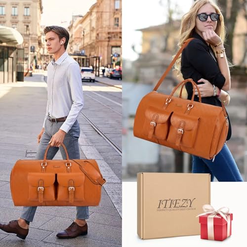 Garment Bag for Travel Convertible Carry on Travel Duffel Bag for Men Women | 3PCS Large Weekender Bag with Waterproof Shoes Pouch 2 in 1 Hanging Clothes Suit Dress Bag Travel Garment Duffel Bag 56L - color: A8-Brown-Faux Leather