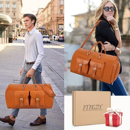 Garment Bag for Travel Convertible Carry on Travel Duffel Bag for Men Women | 3PCS Large Weekender Bag with Waterproof Shoes Pouch 2 in 1 Hanging Clothes Suit Dress Bag Travel Garment Duffel Bag 56L - color: A8-Brown-Faux Leather
