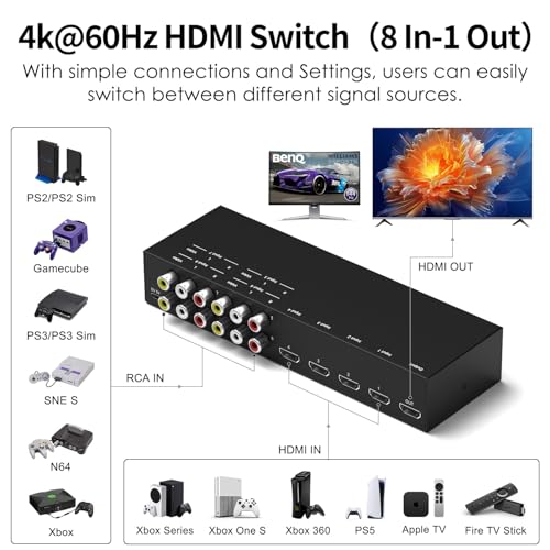 8-Input to 1-HDMI-Output Converter (Consisting of 4 AV Inputs and 4 HDMI Inputs) Switchbetween Quick Different Sources(8 in-1 Out) - style: 4HDMI+4AV to HDMI Converter