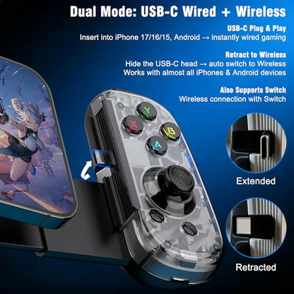 Joso Mobile Game Controller with USB-C Plug & Play, Wireless & Wired Gamepad for iPhone/Android & Switch with Hall Effect Joysticks/Dual Vibration/Turbo, Supports Cloud Gaming & Streaming (Black) - color: Black
