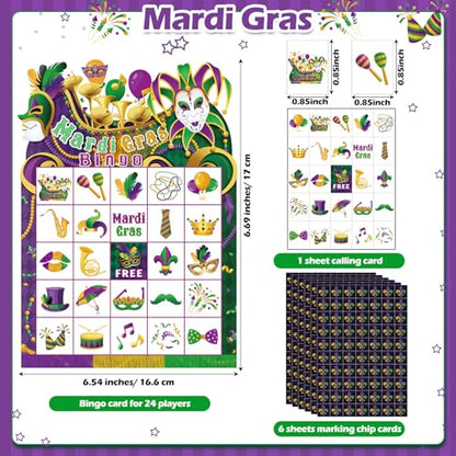Blosssound Mardi Gras Bingo Game Set Bingo Cards for 24 Players Mardi Gras Party Game for Family Activities Carnival Holiday Cards for Party Favor - style: Mardi Gras