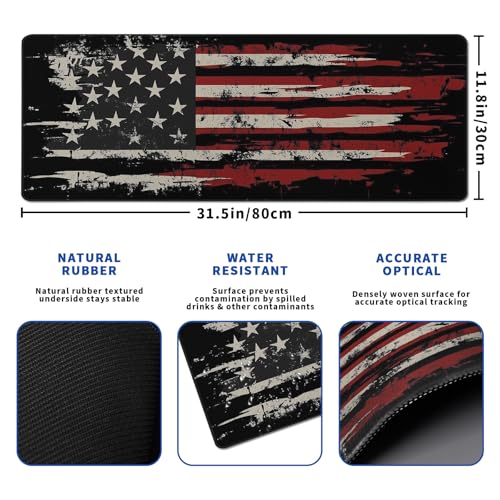 American Flag Mouse Pad Abstract American Mouse Pad 31.5x11.8 Inch Flag Texture Non-Slip Rubber Base Large Mousepad Stitched Edges Keyboard Mouse Mat Desk Pad for Office and Home - color: American Flag