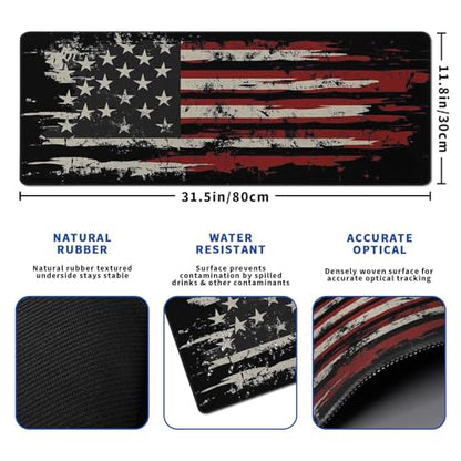 American Flag Mouse Pad Abstract American Mouse Pad 31.5x11.8 Inch Flag Texture Non-Slip Rubber Base Large Mousepad Stitched Edges Keyboard Mouse Mat Desk Pad for Office and Home - color: American Flag