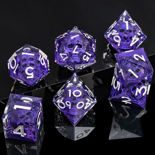 DND Skull Dice Set 7PCS Necromancer Polyhedral Dice for Dungeons Dragons RPG Role Playing Game, Resin Sharp Edged D and D Dice with Gift Box D6 D8 D10 D12 D20 (Silver Purple) - color: Purple&silver