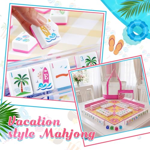 Soulchen 1.2 Inch Summer Beach Themed American Mahjong Tiles Set | Complete 168 Hawaii Melamine Tiles with Dice Large Tote Bag Portable Pouch for Travel Game Night Vacation Collection Gift - color: Rose Red, style: Beach Vacation