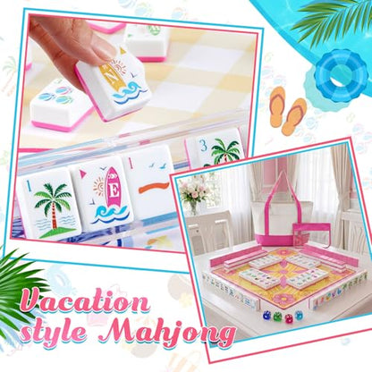 Soulchen 1.2 Inch Summer Beach Themed American Mahjong Tiles Set | Complete 168 Hawaii Melamine Tiles with Dice Large Tote Bag Portable Pouch for Travel Game Night Vacation Collection Gift - color: Rose Red, style: Beach Vacation