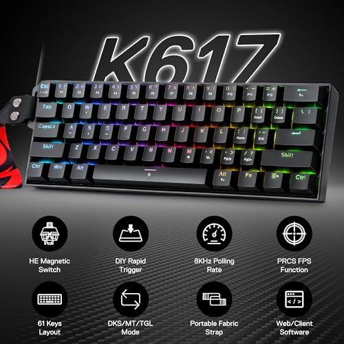 Redragon K617 HE Rapid Trigger Gaming Keyboard, 60% 61 Keys Wired Mechanical Keyboard w/Hyper-Fast Actuation, Dedicated Hall Effect Magnetic Switch, Actuation Point Adjustable, Strap Version - color: Black + Strap (HE Version)
