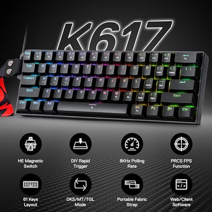 Redragon K617 HE Rapid Trigger Gaming Keyboard, 60% 61 Keys Wired Mechanical Keyboard w/Hyper-Fast Actuation, Dedicated Hall Effect Magnetic Switch, Actuation Point Adjustable, Strap Version - color: Black + Strap (HE Version)
