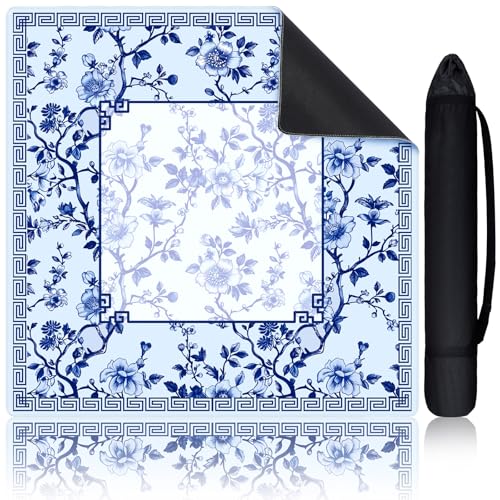 Chinoiserie Mahjong Mat with 1 Carrying Bag 31.5" x 31.5" Blue and White Rubber Anti Slip and Noise Reduction Multi Purpose Game Table Cover for Card, Board Tile Games - color: Blue