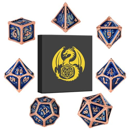 Metal Dice Set, Fly Dragon Pattern, 7pcs Polyhedral Metal DND Dice Set, DND Starter Set, D&D Gifts with Gift Box, Role Playing Board Games Accessories, Blue ﻿ - color: Blue