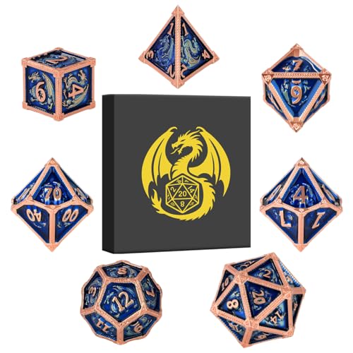 Metal Dice Set, Fly Dragon Pattern, 7pcs Polyhedral Metal DND Dice Set, DND Starter Set, D&D Gifts with Gift Box, Role Playing Board Games Accessories, Blue ﻿ - color: Blue