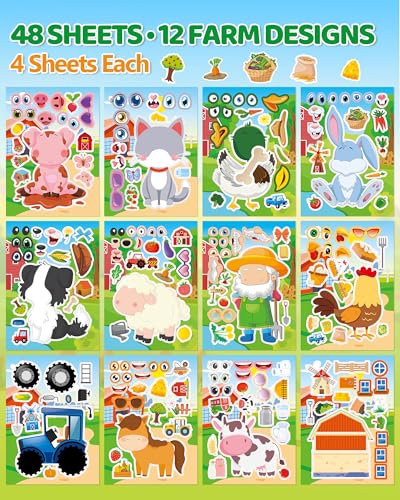 Aowplc 48 Sheets Farm Animal Make‑a‑Face Stickers for Kids & Toddlers – 12 Unique Mix‑and‑Match Designs – Farm Party Favors, Birthday Supplies, Activities & Crafts - style: Farm Fun