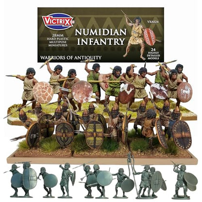 Wargames Delivered - Victrix Numidian Infantry Set with Bonus Miniature STL Download - 24 Highly Detailed 28mm Multipose Miniatures with Spears, Shields, and Head Options for Ancient Wargaming