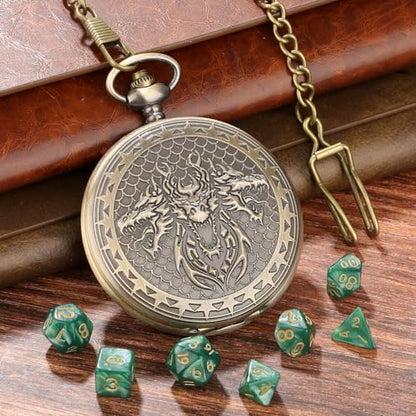 Acrylic DND Dice Set, Retro Dragon Pocket Watch Dice Set with Chain, 7pcs Polyhedral Dice, DND Starter Set, RPG Board Game Accessories, D&D Gifts for Fantasy Gamer, Gifts for Men Women, Green Dice - color: 3 Dragon Head C