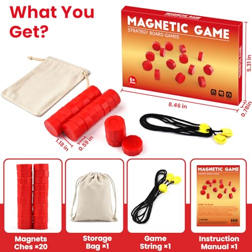 LLESSOO Magnet Game with String, Fun Strategy Board Games for Kids 8-12 and Adults, Magnetic Game for Family Night, Party & Travel, Includes 20 Chess Pieces, Rope and Storage Bag - color: Red