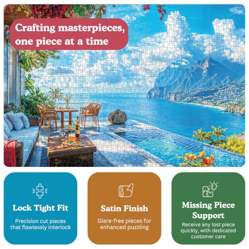 Cross & Glory | 1000 Piece Jigsaw Puzzles for Adults | Patio by the Sea | Serene Coastal Patio and Ocean View Puzzle | 2mm Thick Pieces | Bonus Reference Poster | Satin Finish | Ages 14+ - color: Patio By the Sea