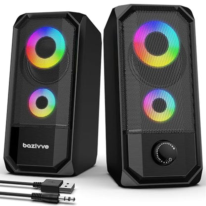 Computer Speakers for Desktop, Hi-Res Stereo Pair with Dual 5W Full-Range Drivers, 6 RGB Light Modes, USB Powered & 3.5mm AUX Input, Volume Knob, Mini Vertical Design for PC Gaming Monitor Laptop