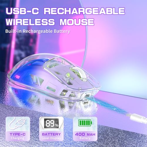 ZIYOU LANG A2 Transparent Wireless Gaming Mouse with Battery Level Display,Bluetooth/2.4G Wireless PC Mice,3D RGB Backlit,5 Million Clicks,PixArt 3212,up to 4000 DPI for Win/MAC,Purple - color: Purple