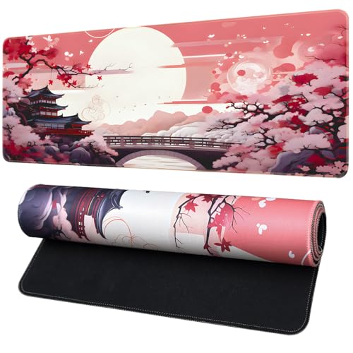FreeNook Japanese Large Gaming Mouse Pad 31.5 x 11.8 in Computer Mouse Pad Anime Gaming Mousepad, Expanded Architecture Cute Desk Pad with Nop-Slip Suitable for Home Office - color: Cherry Tree, size: 31.5L x 11.8W inches