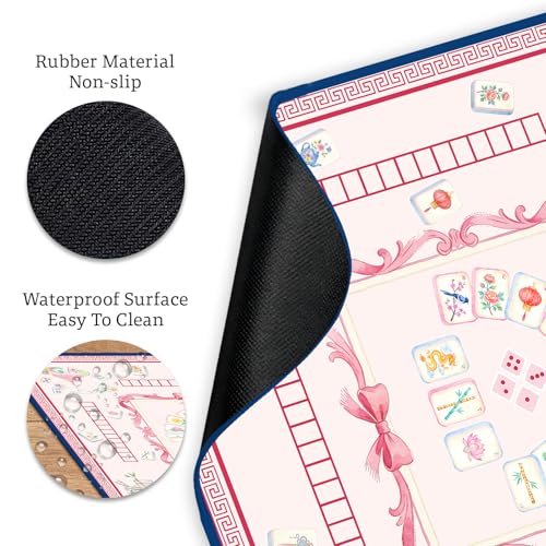 Pink Mahjong Tile Mahjong Table Mat, Non-Slip Noise Reduction Mah Jong Mat with Carrying Bag, Game Table Cover for Mahjongs Poker Card, Festival Birthday Gift for Mahjong Lovers, 31x 31In - color: Mahjong-pink