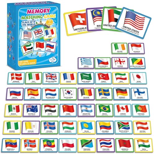 gisgfim 100 PCS Memory Matching Game Flags of The World Concentration Memory Card for Kids and Adults Learning Educational A Fun & Fast Countries of The World Matching Games - style: Flags of The World