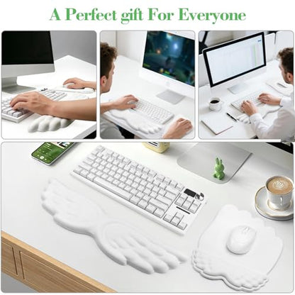 Angel Wing Wrist Rest Set, Ergonomic Keyboard Mouse Wrist Support Memory Foam Cushion Hand Support，Cute Wrist Rest Pu Leather Surface Non-Slip Base for Office, Gaming, Work(3Pcs, White)