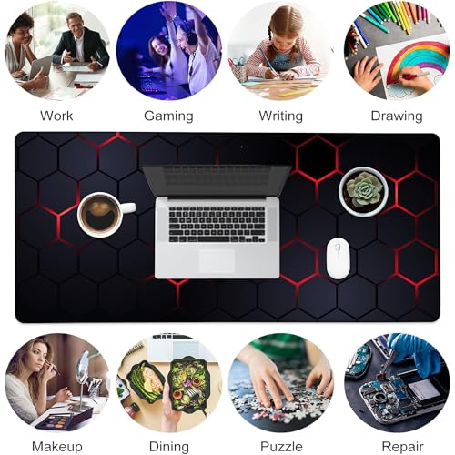 Desk Pad, Black and Red Honeycomb Hexagons Technology XL Gaming Mouse Pad with Stitched Edges,Non-Slip Waterproof Rubber Base Large Desk Mat for Keyboard and Mouse 31.5"x11.8" - color: Colour14, size: X-Large