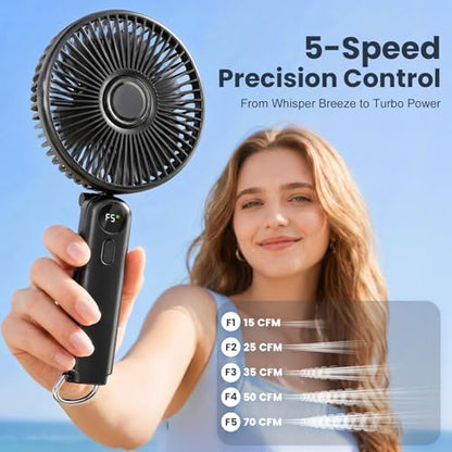Portable Handheld Fan, 10000mAh Rechargeable 6-Inch Personal Fan for Travel | Ultra Quiet Foldable Desk Fan, 5-Speed Battery Operated Fan with Up to 40H Runtime and Digital Display for Travel and Makeup - color: Black