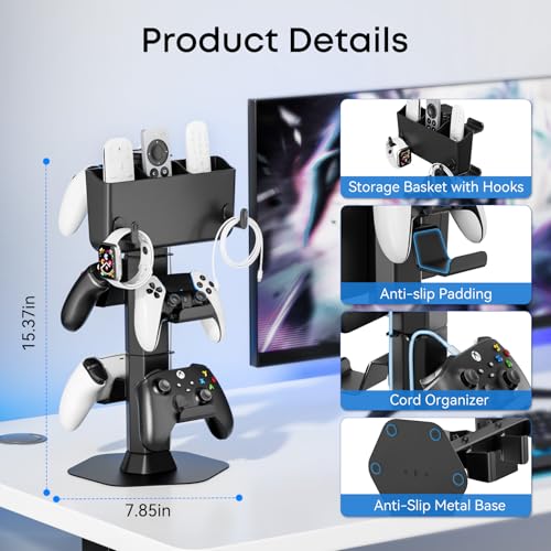 Headphone and Controller stand, Headphone Stand for Desk, PS5/PS4/Xbox/Switch Game Controller Holder, Gaming Headset Stand with Storage Box and Two Hooks for Remote Control Watch, Sega Genesis Consoles