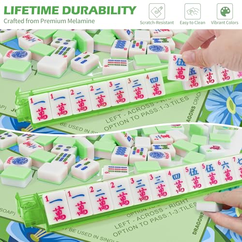 Jolitac American Mahjong Tile Set with 166 Tiles, 1.2-Inch Tiles & Accessories, Mahjong Gift Set with 3 Blue Dice and Mahjong Tile Bag, Portable Travel Game for Adults, Family Night, Gift (No Rack) - color: Green