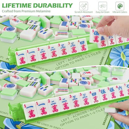 Jolitac American Mahjong Tile Set with 166 Tiles, 1.2-Inch Tiles & Accessories, Mahjong Gift Set with 3 Blue Dice and Mahjong Tile Bag, Portable Travel Game for Adults, Family Night, Gift (No Rack) - color: Green