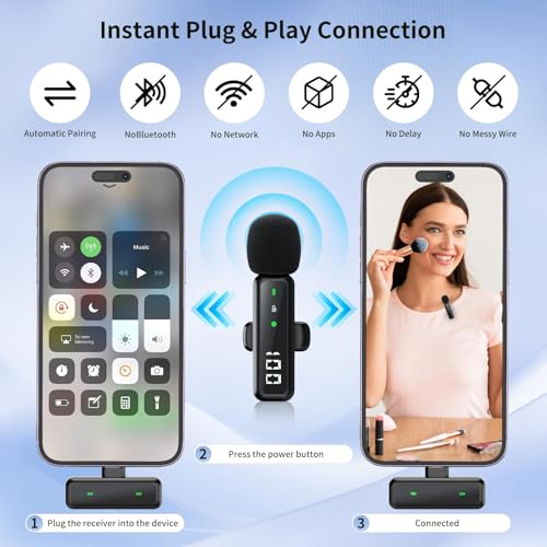 Microphone for iPhone & Android, Wireless Mini Microphone | Battery Display, Clear Voice, Noise Cancelling, Lavalier Mic for TikTok, YouTube & Interviews, Dual Mic - style: USB-C+Lightning+USB-A