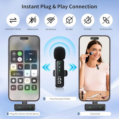 Microphone for iPhone & Android, Wireless Mini Microphone | Battery Display, Clear Voice, Noise Cancelling, Lavalier Mic for TikTok, YouTube & Interviews, Dual Mic - style: USB-C+Lightning+USB-A