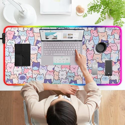 RGB Pink Cat Mouse Pad, Large LED Gaming Light Up Computer Mousepad, Long Glowing PC Laptop and Keyboard Office Desk Mat for Women - color: Rgb05