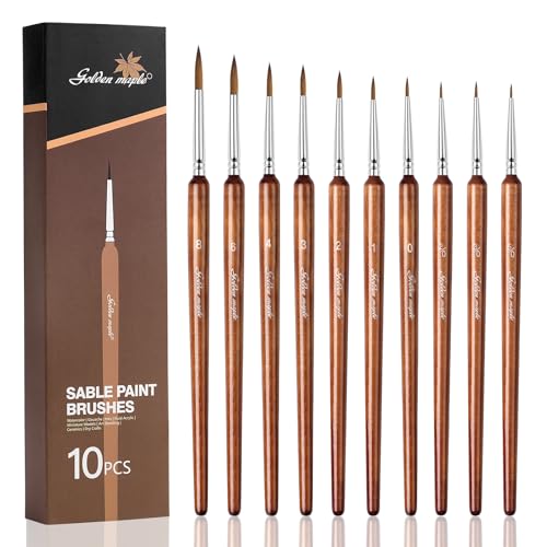 Golden Maple Artist Paint Brushes, 10PC Synthetic Sable Brush Set Miniature Fine Detail Paint Brush, Round Point Paint Brush Set for Miniatures, Acrylic & Figures, Model, Watercolor Details - color: Bronze