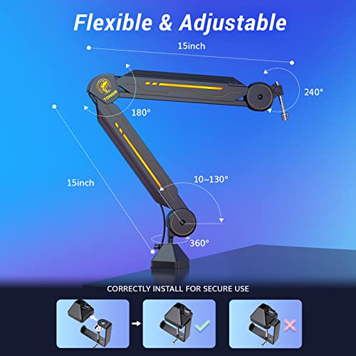 RGB Boom Arm, TONOR Adjustable Mic Stand with RGB Light, 5/8’’ Screwadapter, Excellent Compatibility, Rotatable Suspension Boom Scissor Stand for Gaming Streaming Podcasting YouTube Recording T90
