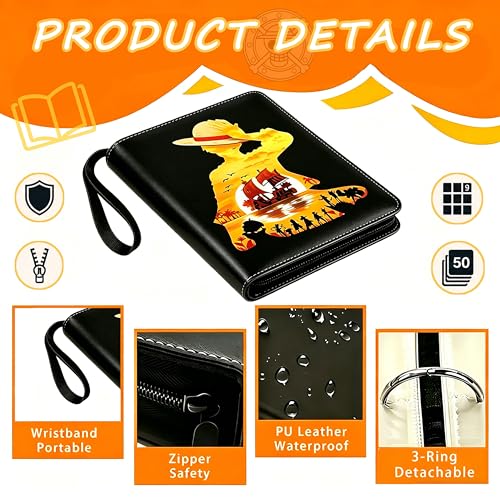 900 Pockets Trading Card Binder for One Piece Cards, 3 Ring Zipper Card Binder with 50 Removable 9 Pocket Sleeves, Waterproof Card Album for TCG, MTG, Sports & Anime Cards, Standard Size Card Holder