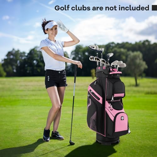 Goplus Lightweight Golf Cart Bag, Molded Lock Top Golf Club Bag w/14-Way Full Length Organizer Dividers, 11 Pockets, Cooler Bag, Straps, Umbrella Holder & Rain Hood for Men Women - color: Black+Pink