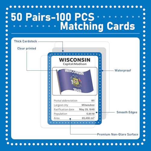 gisgfim 100 PCS Memory Matching Game Flags of U.S. States Concentration Memory Card Educational Cards Games Geography Learn States Capitals Game Gift for Kid Adults Learning Activities Matching Games - style: Flags of U.S. States