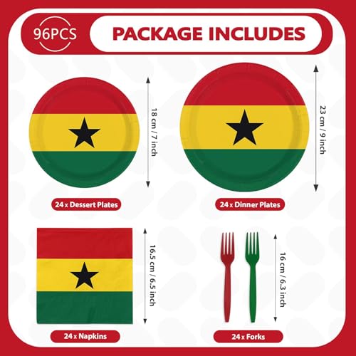 96 Pcs Ghanaian National Flags Party Decorations, Serves 24 | Flag of Ghana Plates and Napkins Red Yellow Green African Theme Set for Ghana Sports Soccer Events Independence Day Party - style: Ghana Themed Plates m