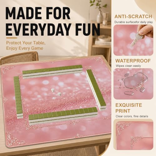 Pink Sparkle Mahjong Mat for Table 31.5''x31.5'', Non-Slip Noise Reduction Mah Jongg Mats with Carrying Bag for American Mahjong, Poker, Board Games, Card Games & Dominoes - color: Pink Sparkle
