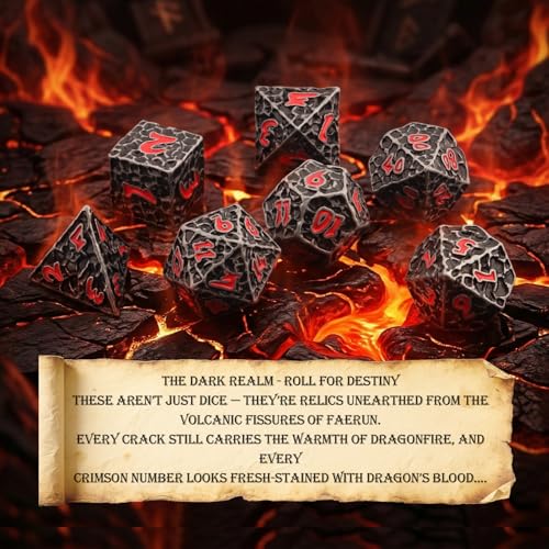 Haxtec Metal DND Dice Set, 7 Pcs Meteorite Texture Polyhedral Dice for RPG | Red Numbers D&D with Leather Bag, Compatible with Dungeons and Dragons, Antique Iron Heavy Metallic, Gifts for Table Games - color: Antique Iron Red