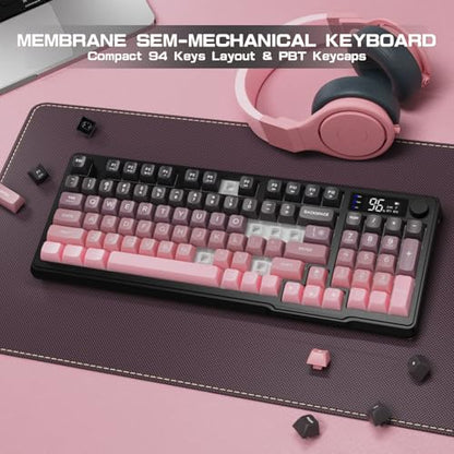 LexonElec M96 Wireless Keyboard, Low Profile Quiet Typing Membrane Gaming Keyboard with Smart Display & Knob, RGB Backlit, USB C Rechargeable, 94 Keys PBT Keycap for Windows PC, Mac, Linux-BlackBerry - color: Blackberry
