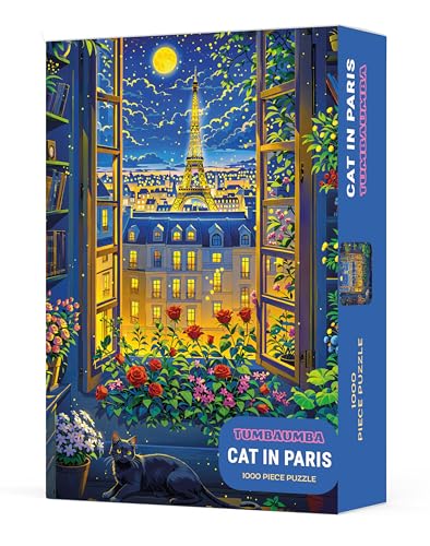 Cat in Paris. TUMBAUMBA, Puzzles for Adults 1000 Pieces, Detailed Art Puzzle, Mate Finish Jigsaw Puzzles, Poster Included, Challenging Atmospheric France Puzzles, Cozy Evening Paris Scene - color: Cat in Paris