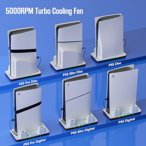 2026 Upgraded PS5/PS5 Pro/Slim Cooling Stand/Station with RGB Light,Dual Controller Fast Charger,with High-Speed Turbo Fan,3USB,for Gaming Room,Living Room,Gift for Christmas & Birthday
