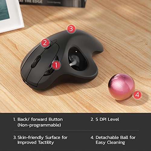 Nulea M501 Wireless Trackball Mouse Ergonomic Thumb Control, 4 DPI Levels | Rechargeable rollerball mouse with Bluetooth USB receiver,3 device use,smooth tracking,compatible with PC Mac Windows-Pink - color: Dusty Pink