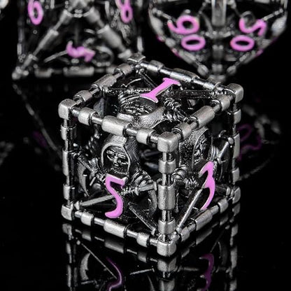 Hollow Grim Reaper Metal DND Dice Set, 7-Piece Polyhedral RPG Dice with Purple Numbers, 3D Hollow Wizard Skeleton Design with Metal Tin Box for D&D, RPGs, MTG, and Board Games - color: Hollow Wizard Silver