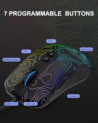 Womier G706 USB Wired Gaming Mouse for PC Computer Windows Mac Laptop, Lightweight Silent RGB Backlit Mouse with Adjustable 12000DPI/7 Programmable Side Buttons,Topographic Theme (Black Topographic) - color: Black Topographic