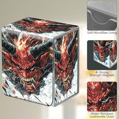 Card Deck Box, Card Storage Box Fits 100+ Single Sleeved Cards, Large Capacity PU Leather Card Storage Box with Strong Magnet for Magic Commander TCG/CCG, Fierce Red Demon - color: Fierce Red Demon