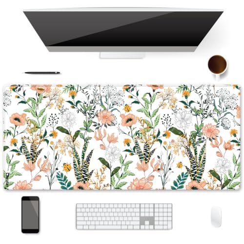 XXL Waterproof Office Desk Pad Protector 35.4x15.7 Inch - Extended Gaming Mouse Pad with Non-Slip Rubber Base, Thickened Keyboard Mat, Stitched Edges & Floral Flowers Design - color: Red